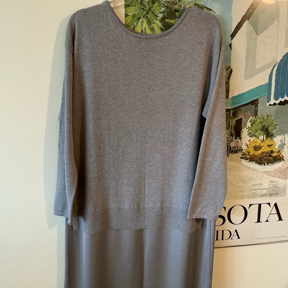 J. Jill DRESS Gray size M. Sweater top, Polyester attached bottom skirt. 49”long